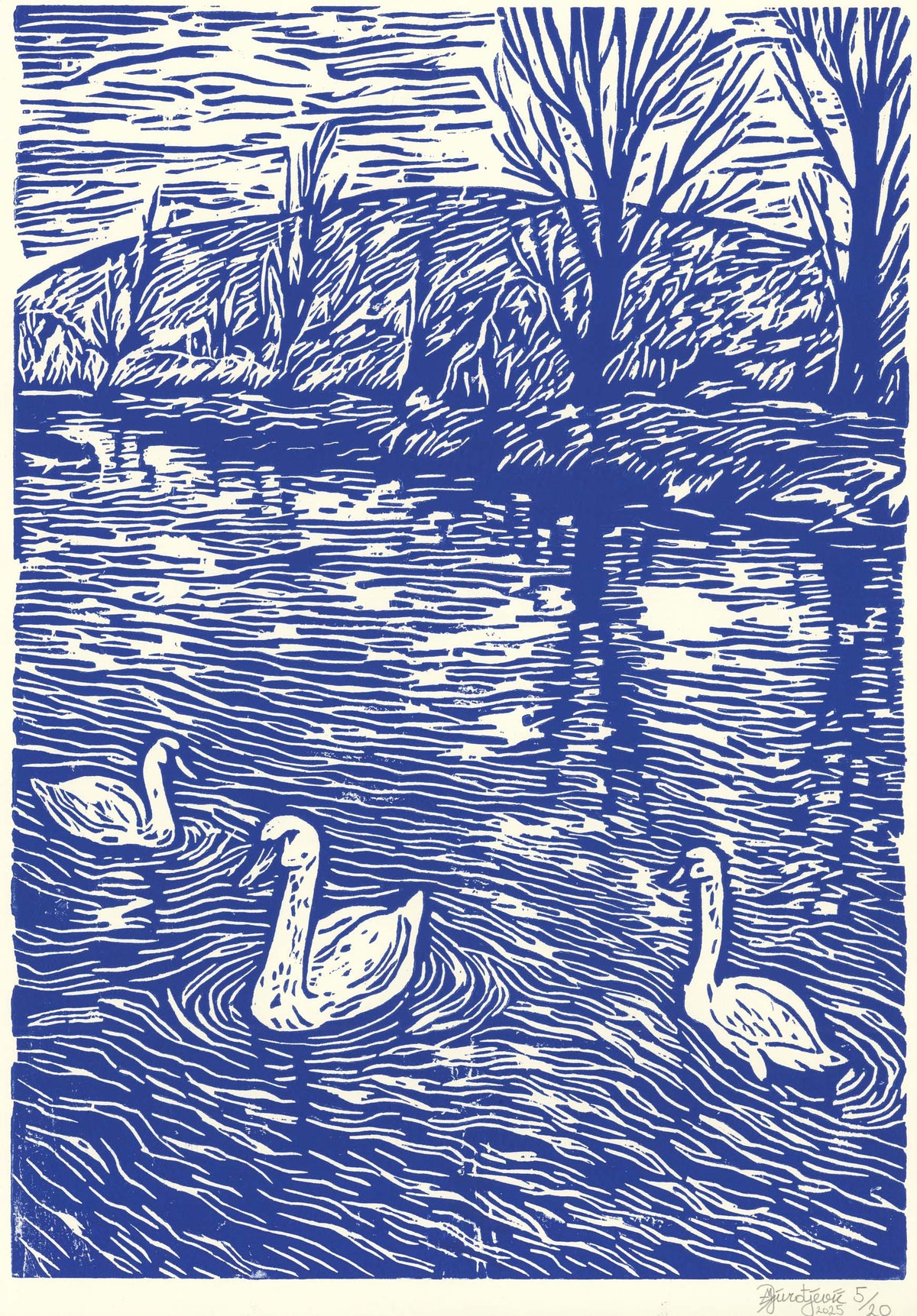 Schwäne auf der Insel (Holzschnitt)